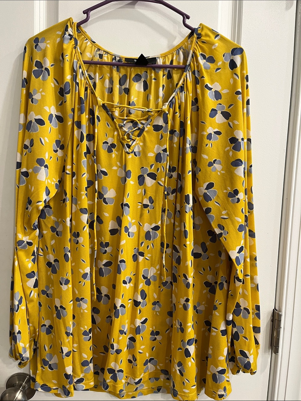 Style & Co. Mustard Yellow Floral Lace-Up Long Sleeve Tunic